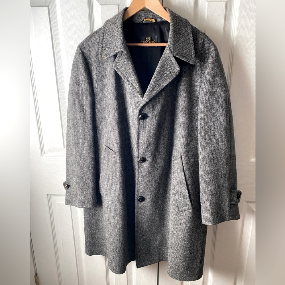 VINTAGE ZERO KING Made in USA Gray 100% Wool Herringbone Trench Coat SZ 42